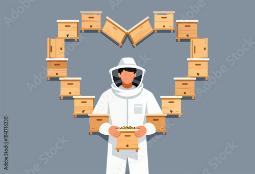 Beekeeper in protective suit holds hive, surrounded by heart-shaped apiary