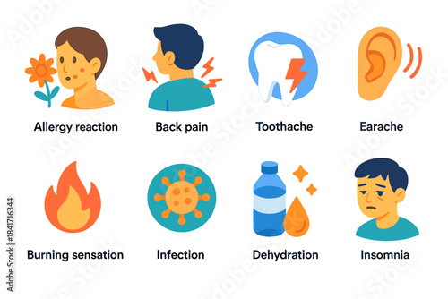 Health issues colorful icons set with text labels