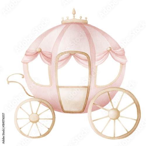 Foto Whimsical watercolor princess carriage illustration in soft pastel pink with gol