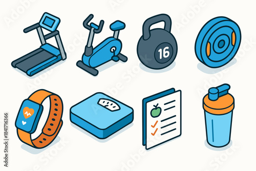 Fitness equipment isometric icons set