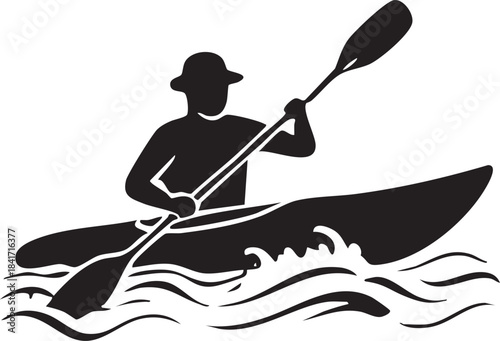 Silhouette of a person kayaking or canoeing on water with waves