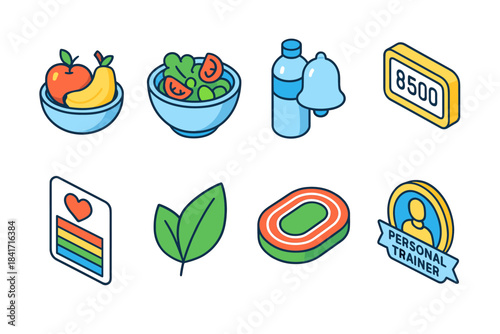 Health and fitness bold outline icons set
