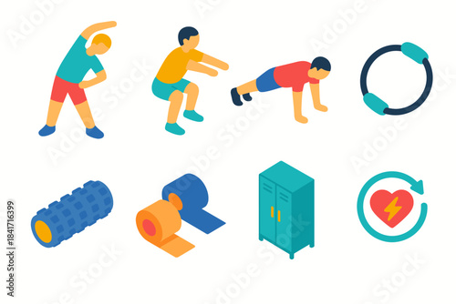Fitness and exercise flat icons set