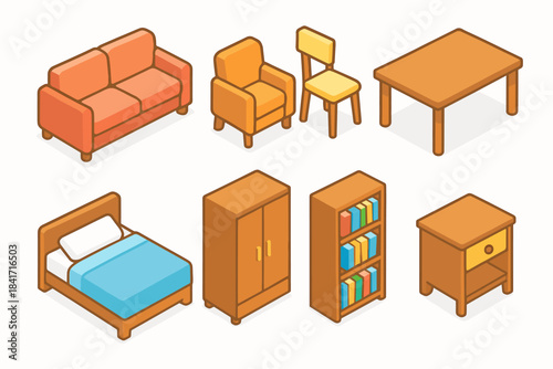 Isometric furniture set in warm tones