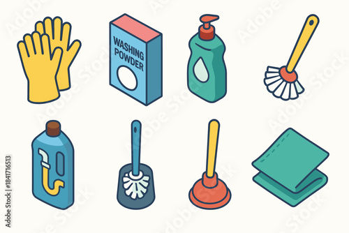 Cleaning items flat icons set