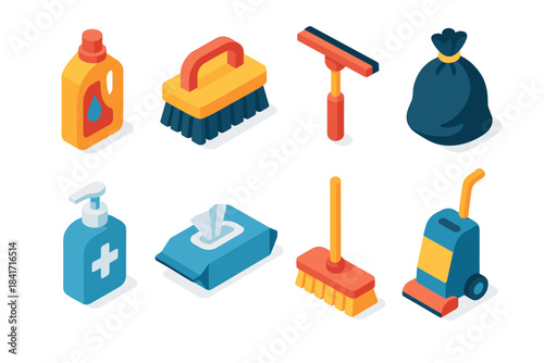 Cleaning supplies and tools isometric icons set