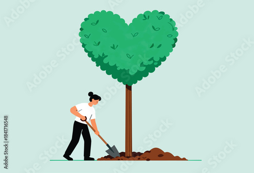 Person planting a heart-shaped tree on a pale blue background