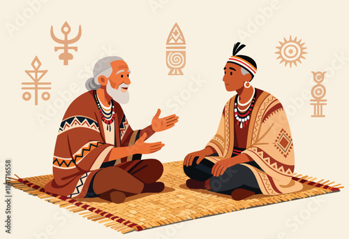 Two individuals in traditional attire converse on a woven mat, surrounded by symbols