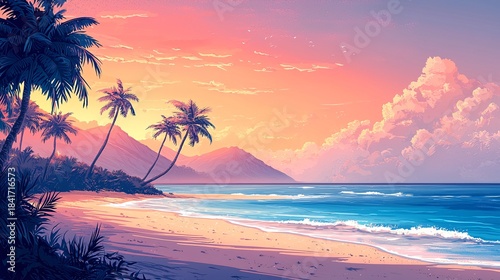 Sunset Beach Coconut Tree Landscape Painting