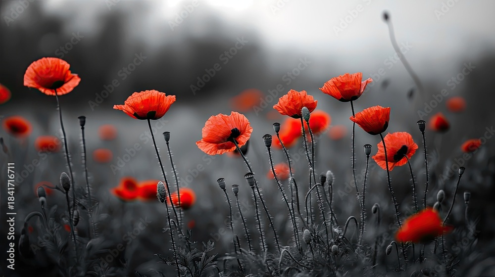 Obraz premium Vibrant red poppies stand out in a black and white field during spring, showcasing nature's unique beauty and contrast in a serene landscape