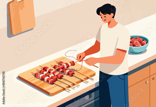 Person prepares meat skewers on a wooden cutting board in a kitchen