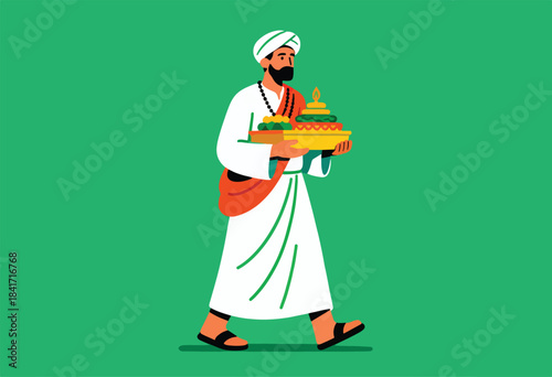 Man in turban walking with offerings in a tray