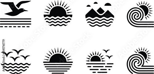 Collection of eight stylized black and white vector illustrations of coastal and ocean scenes