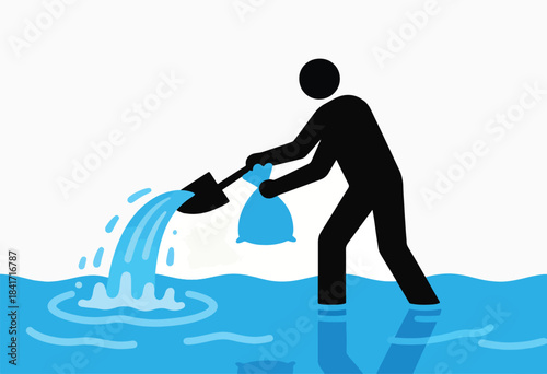 Person filling sandbag in flooded area, shoveling water
