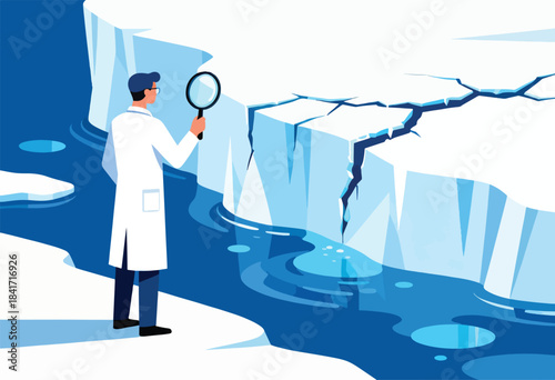 Scientist examines cracked iceberg and melting water