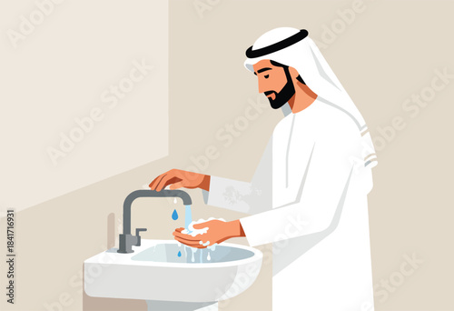 Man in traditional clothing washes hands at a sink with running water and soap