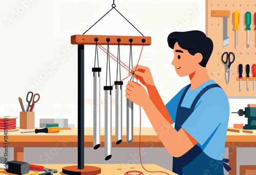 A person assembling wind chimes with tools and materials nearby