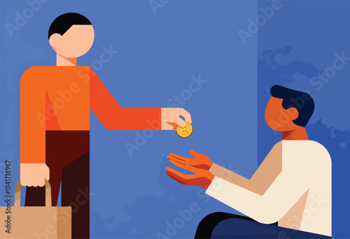 A person gives a coin to another person holding out their hands