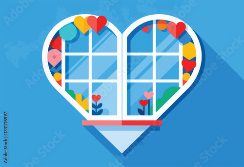 Heart-shaped window with colorful geometric shapes and blooming flowers