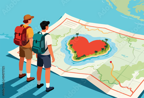 Two backpackers plan a journey using a map showing a heart-shaped island