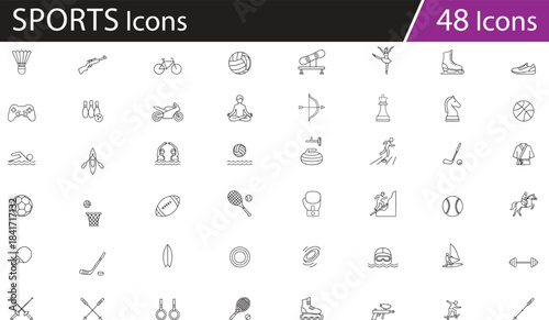 Sports and recreation icon set, athletics, fitness, outdoor activities, games, martial arts, water sports, team play, competition, wellness, vector illustration for education, design, and organization