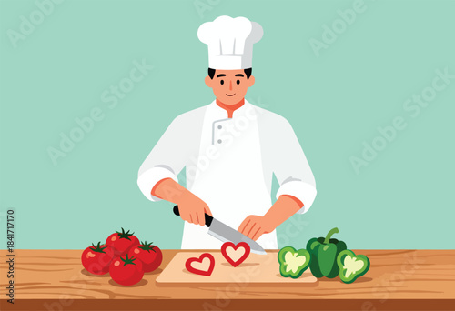 Chef expertly cuts vegetables into heart shapes on wooden board