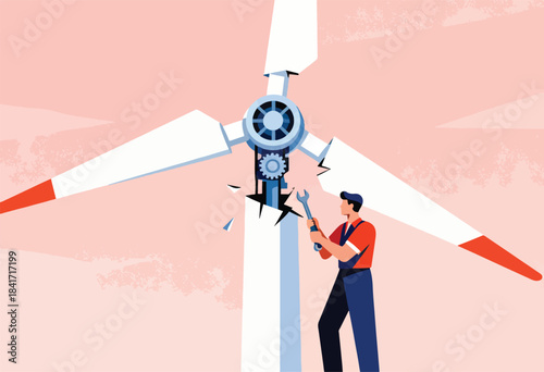 A person repairs a damaged wind turbine with a wrench