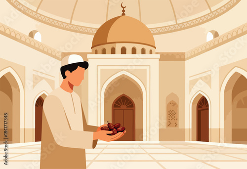 Man in traditional attire holding dates inside a mosque with domed architecture