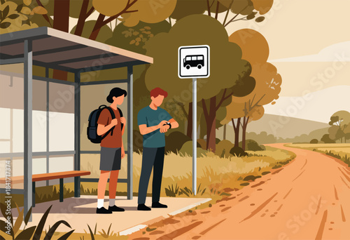 Two people wait at a bus stop next to a rural road with autumn foliage