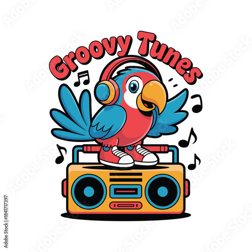 Cute cartoon parrot wearing headphones and dancing on a boombox