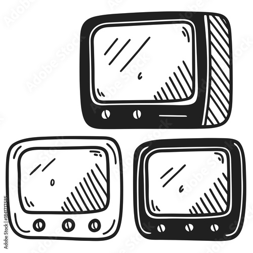 Set of vintage monitors in black and white hand-drawn style  