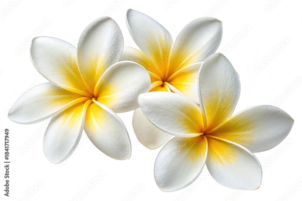 Naklejka premium Cluster of Three White and Yellow Plumeria Flowers