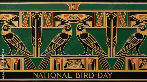 Celebrate National Bird Day with this stunning art deco inspired design featuring elegant birds and geometric patterns in rich green, black, and gold for a touch of vintage sophistication