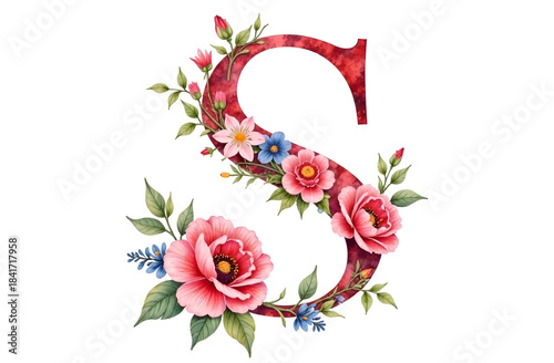 Decorative red letter S embellished with colorful watercolor flowers and green leaves on white background, representing floral typography concept