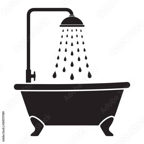 Black silhouette of a bathtub with a shower head and water drops