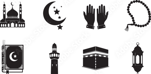 Essential Islamic Symbols Vector Icon Set: Mosque, Kaaba, Quran, Crescent Moon, Prayer Hands, Tasbih Beads, and Ramadan Lantern Silhouettes for Religious Design and Culture.