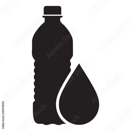 Black silhouette of a plastic water bottle with a drop