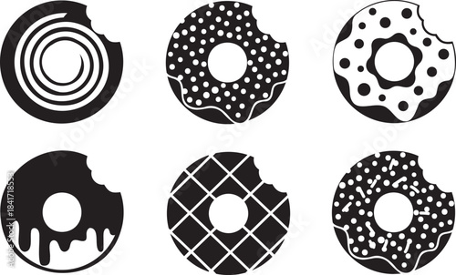 Set of six bitten donut icons with different patterns, black and white graphic style