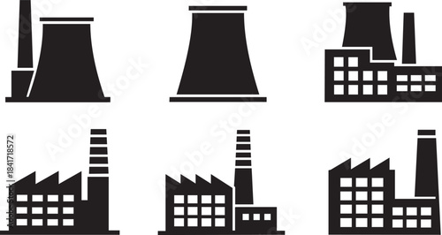 Set of six black silhouette icons representing industrial factories and power plants with cooling towers and smokestacks