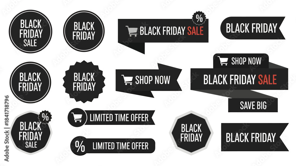 Obraz premium A collection of black and white Black Friday sale and limited time offer labels, banners, and badges with shopping cart icons.
