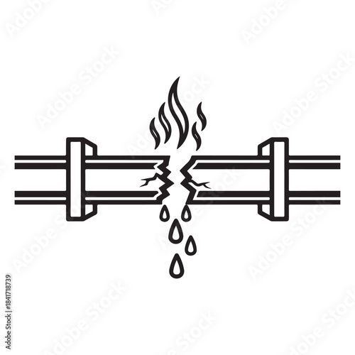 Black and white illustration of a broken pipe with liquid leaking