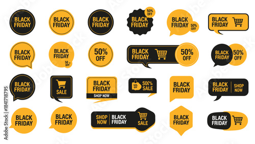 A comprehensive collection of Black Friday sale tags, labels, and stickers in black and yellow, featuring various shapes and promotional texts.