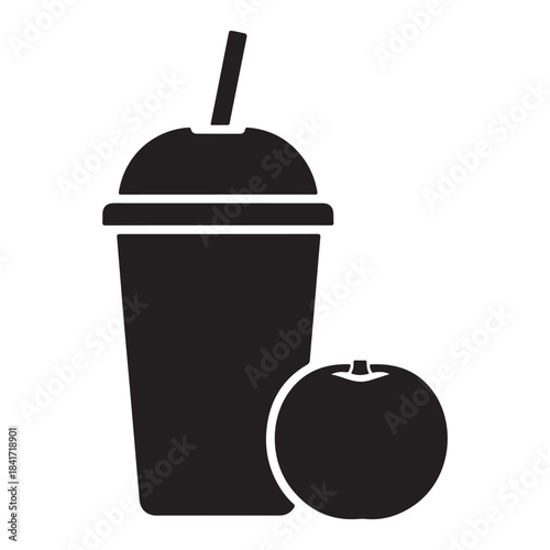Black silhouette of a smoothie cup with straw and fruit on white
