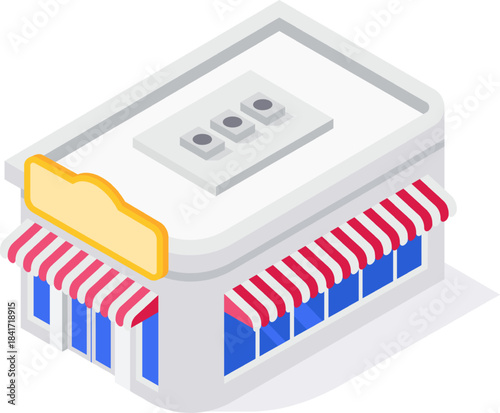 Isometric store building with striped awnings and blank sign