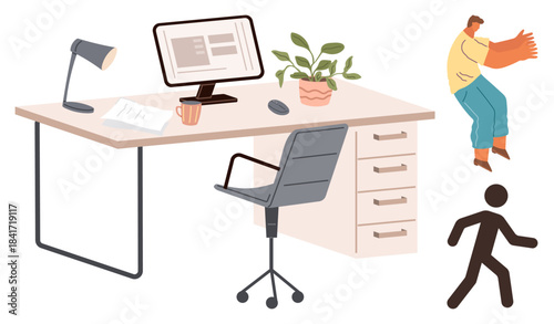 Desk setup features computer, lamp, potted plant, chair, and cup, with dynamic figures nearby. Ideal for work-life balance, productivity, creativity interaction organization flexibility simple