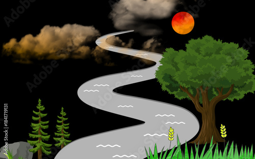 Fresh green leaf closeup illustration of a river in the forest with natural tree and flower beauty