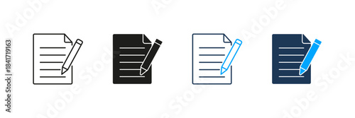 Document With Pencil Line And Solid Icon Set. Writing, Editing, And Note-Taking Symbol Collection. Ideal For Office, Education, And Communication Applications. Isolated Vector Illustration