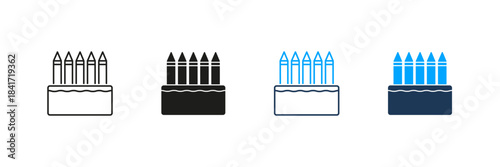 Box Of Pencils Line And Solid Icon Set. School Or Art Supplies For Sketching Symbol Collection. Creative Stationery For Drawing Or Study. Isolated Vector Illustration