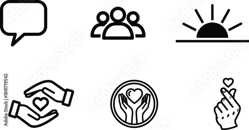 A collection of six distinct black outline icons featuring a speech bubble people sunrise hands holding heart and Korean finger heart gestures for various design purposes