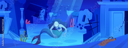 Sunken ancient city with underwater monster vector flat illustration, cartoon underwater sea or ocean, mermaid evil face